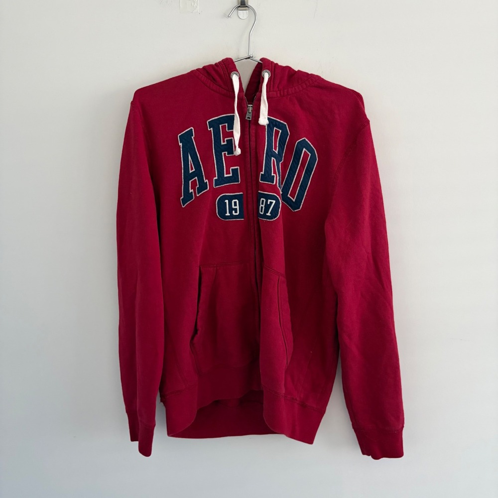 Aeropostale Mens Red Full Zip Graphic Hoodie L 1987 Applique